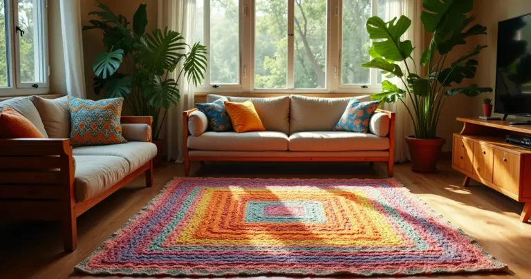 27 Ideias de Tapetes de Crochê para Sala Quadrado que Transformam Seu Espaço 27 Ideias de Tapetes de Crochê para Sala Quadrado que Transformam Seu Espaço