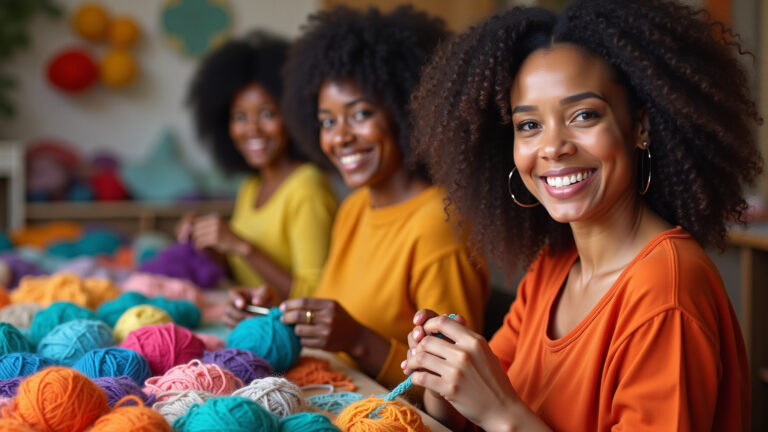 Crocheteiras: Melhor Loja de Linha de Crochê para o Seu Ateliê Mulheres crocheteiras trabalhando com linhas coloridas em ateliê vibrante.