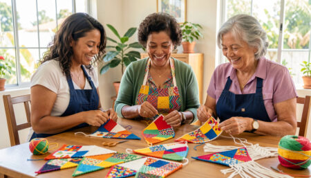 7 Técnicas Artesanais para Fazer BANDEIRINHA (Passo a Passo) Mulheres brasileiras diversas criando bandeirinhas artesanais para festa junina com crochê, patchwork e macramê.