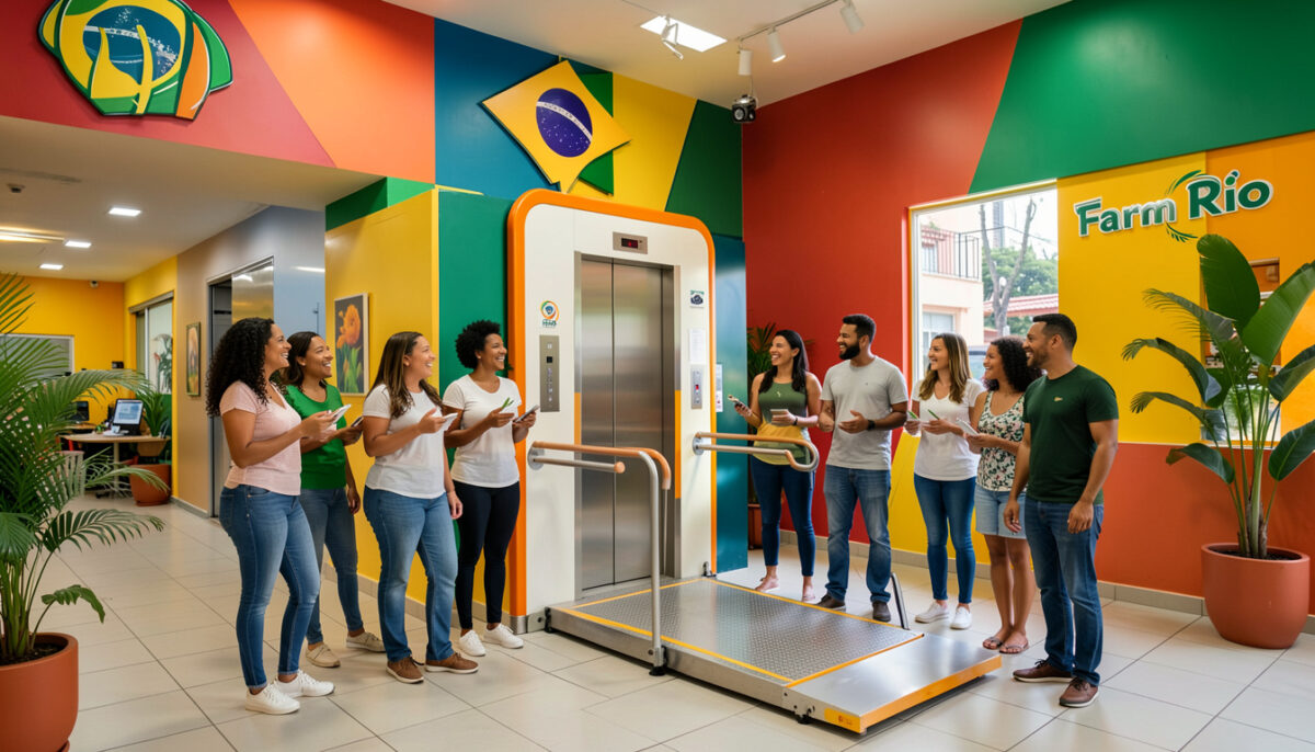 Acessibilidade impulsiona elevadores sob medida Pessoas diversas celebrando a instalação de elevador e plataforma acessíveis em prédio comercial brasileiro.