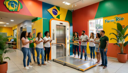 Acessibilidade impulsiona elevadores sob medida Pessoas diversas celebrando a instalação de elevador e plataforma acessíveis em prédio comercial brasileiro.